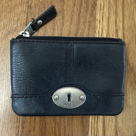 Fossil Black Leather Coin Purse Card Holder Wallet W ID Window Small Zip Pouch - Picture 1 of 4